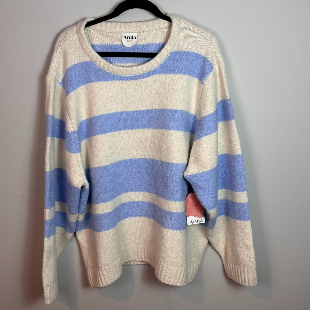 NEW Arula Womens Blue Beige Striped Pull-over Sweater sz 2X/3X NWT! Soft Comfort